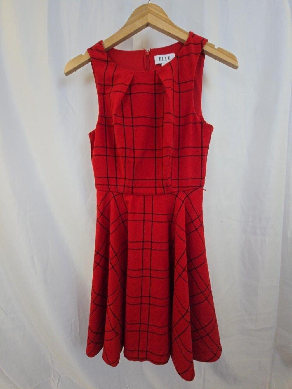 ELLE Dress Womens 2 Red Check Sleeveless Fit & Flare Lined Knit Skater Casual